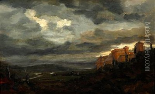 An Italian Landscape In Evening Light Oil Painting - Janus la Cour