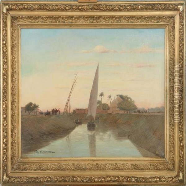 Sunset By The Nile Oil Painting - Andreas Christian Riis Carstensen