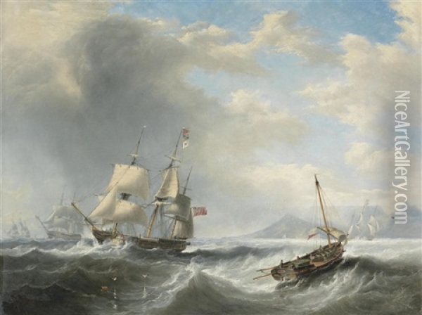 A 'squadron Of The Red' Of The Royal Navy Wallowing In Heavy Seas In Table Bay, The Flagship Making A Signal And The Frigate Nearest Inshore Signalling Her Reply Oil Painting - John Wilson Carmichael