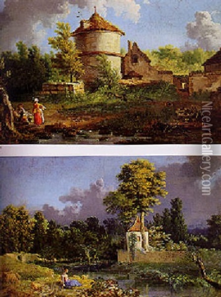 Figures By A Brook With A Dovecote And Other Buildings In The Distance Oil Painting - Jean Baptiste Pillement