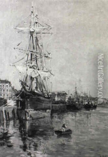 Le Trois-mats Au Port; Le Havre Oil Painting - Edmond Marie Petitjean