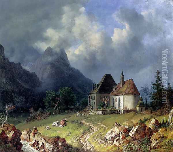 Das Kirchlein von Hinterriss, Im Hintergrund das Wettersteingebirge Oil Painting - Heinrich Burkel