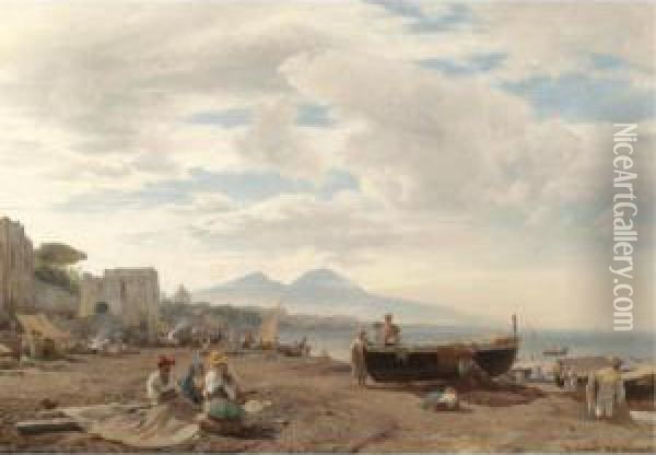 Fischer Am Strand Von Amalfi, Im
 Hintergrund Der Vesuv (fishermen On The Amalfi Coast With Mount 
Vesuvius Beyond) Oil Painting - Oswald Achenbach