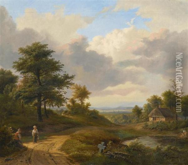 Walkers On The Edge Of A Path I A Broad Landscape Oil Painting - Jean-Baptiste Davelooze
