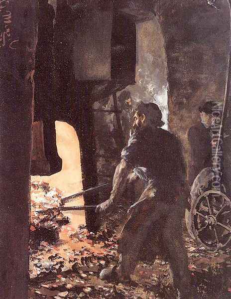 Self-Portrait with Worker near the Steam-hammer 1872 Oil Painting - Adolph von Menzel