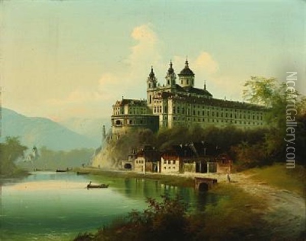 View Of The Melk Abbey At The Danube Oil Painting - Johann Wilhelm Jankowski