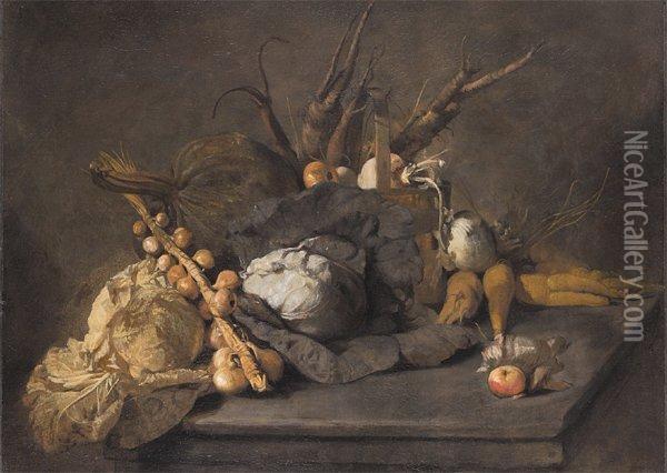 Nature Morte Aux Choux, Aux Oignons,carottes, Panais Et Pommes Toile. Oil Painting - Michel-Honore Bounieu