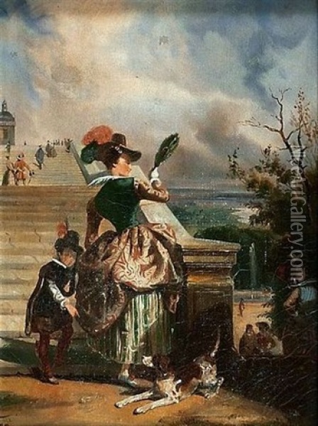 Dame De Cour Et Son Page Gravissant Les Escaliers Du Pavillon Henri Iv A Saint-germain-en-laye Oil Painting - Jules Jean Baptiste Dehaussy