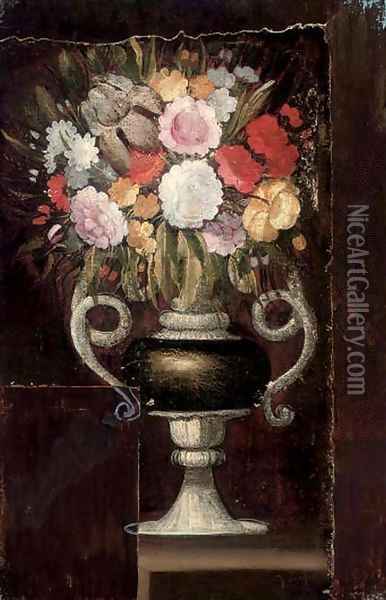 Carnations, narcissi and other flowers in an urn on a ledge Oil Painting - Italian School