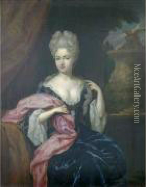 Netcher - Portrait De Femme A La Robe Bleue Oil Painting - Constantin Netscher