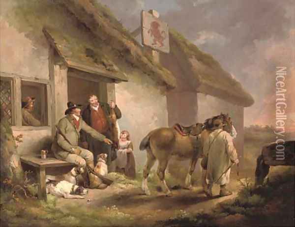 A game keeper with other figures, dogs and a horse outside the Red Lion inn at sunset Oil Painting - George Morland