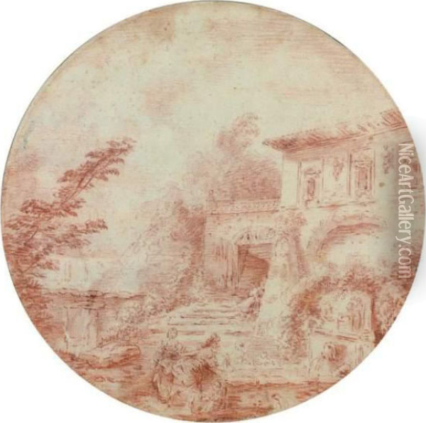 Lot 98 : Attribue A Charles Nicolas Cochin - Lavandieres Pres D'une Villa Italienne Oil Painting - Charles-Nicolas I Cochin