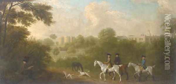 A hunting party before a country house and ruined castle, with an artist sketching in the foreground Oil Painting - English School
