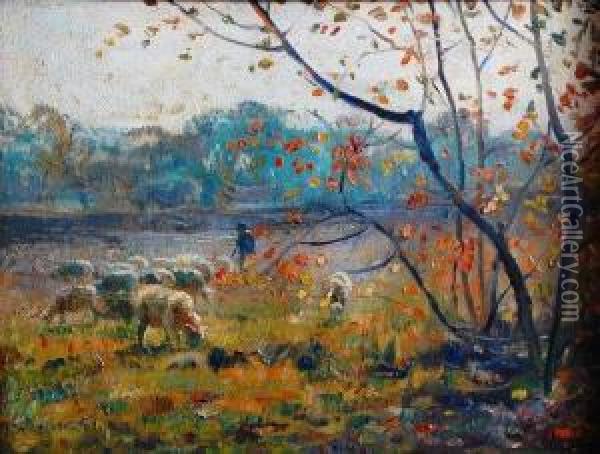 Pastoral Scene With Shepherd And Sheepgrazing Oil Painting - Ernest Higgins Rigg