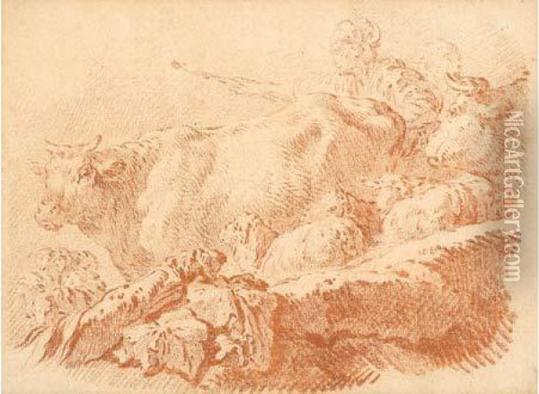 Berger Menant Ses Vaches Et Ses Moutons Oil Painting - Jean-Baptiste Huet I