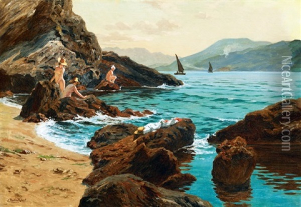 Croatian Beach With Bathers (dalmatia) Oil Painting - Robert Nadler