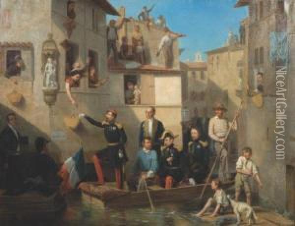 Visite De L'empereur Napoleon Iii A Tarascon Lors Des Inondations De 1856 Oil Painting - Louis Simon Lassalle