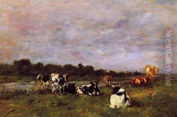 A Pasture on the Banks of the Touques Oil Painting - Eugene Boudin