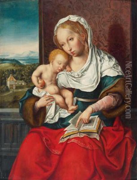 Maria Con Il Bambino Seduta Presso Una Finestra Che Guarda Un Ampio Paesaggio Fluviale Oil Painting - Joos Van Cleve
