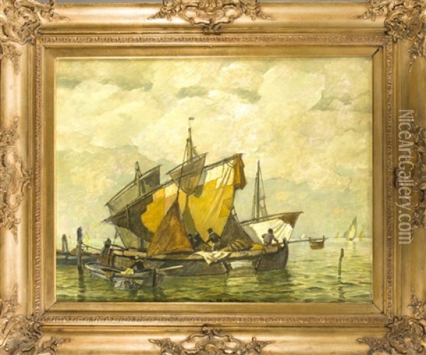 Fischerboote An Den Anlegestellen In Der Lagune Mit Blick Zu Vielen Booten Auf Dem Weiten Meer Oil Painting - Ludwig Dill