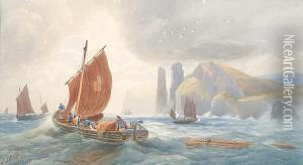 Pilchard Boats Off The Steeple Rocks Near Trevose Head, Cornwall Oil Painting - James Elliott