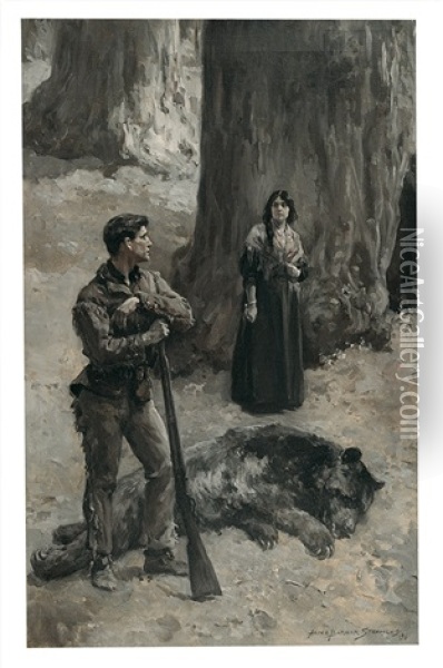 Woman And Bear Hunter Oil Painting - Alice Barber Stephens