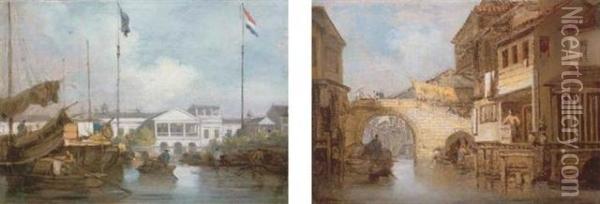 The British And Dutch Factories At Canton; And Canal And Bridge At Honam, Canton Oil Painting - George Chinnery