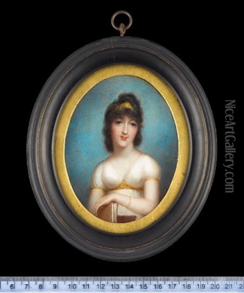 A Lady, Wearing Classical-style White Robes Trimmed With Gold, A Gold Tiara In Her Dark Brown Hair, A Pearl Bracelet On Her Wrist, A Book In Her Hand Oil Painting - Anne Mee