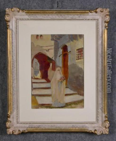 Scorcio Di Vicolo Con Giovane Donna In Una Cittadina Orientale Oil Painting - Ettore Ferrari