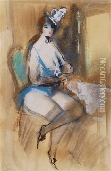Lady In Blue Oil Painting - Konstantin Ivanovich Rudakov
