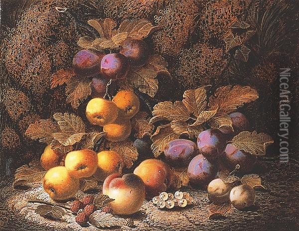 Plums, Apples, Peaches, Raspberries White Currants And Greengages Oil Painting - Oliver Clare