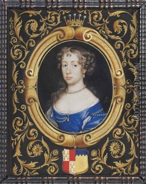 Elizabeth Stanhope, Countess Of Chesterfield (d. 1677), In Blue And White Silk Dress, With Drop-pearl At Corsage And Pearl Strand Border, Pearl... Oil Painting - Peter Cross