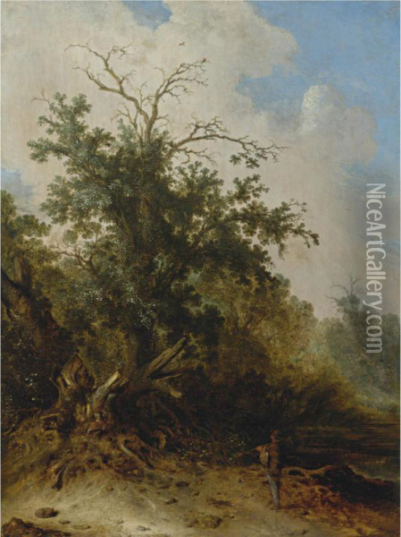 A Woodman Standing Before A Blasted Oak On A Forest Path Oil Painting - Jacobus Sibrandi Mancandan