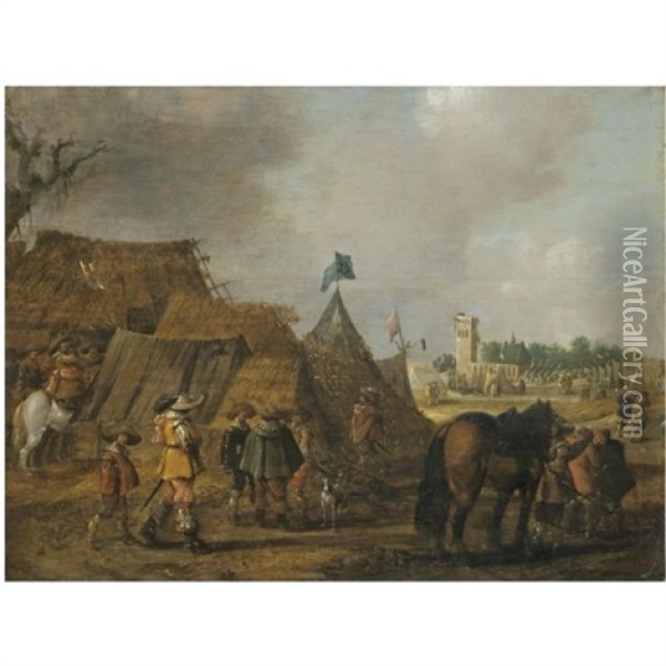 A Military Encampment With Cavaliers And Horses In The Foreground Oil Painting - Anthonie Palamedesz
