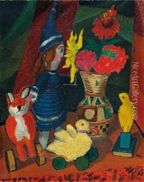 Stil Life With Flower Vase And Doll Ii Oil Painting - Rudolf Wacker