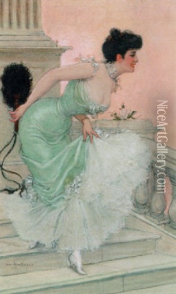 An Elegant Lady On A Stairway Oil Painting - Jan van Beers