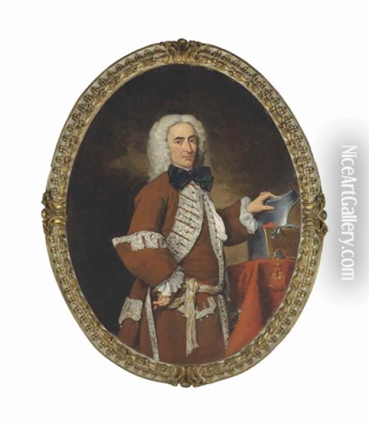 Portrait Of A Gentleman, Three-quarter-length, In A Silver-trimmed Brown Suit, With A Steel Breastplate And A Patent Of Nobility On A Table Beside Oil Painting - Vittore Giuseppe Ghislandi (Fra' Galgario)