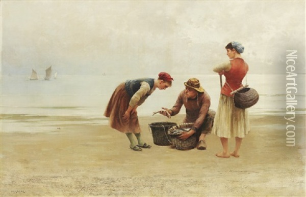 Ostronplockerskor Och Fiskare Oil Painting - August Vilhelm Nikolaus Hagborg