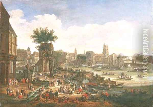 A capriccio of a port with numerous figures and shipping Oil Painting - Pieter Casteels