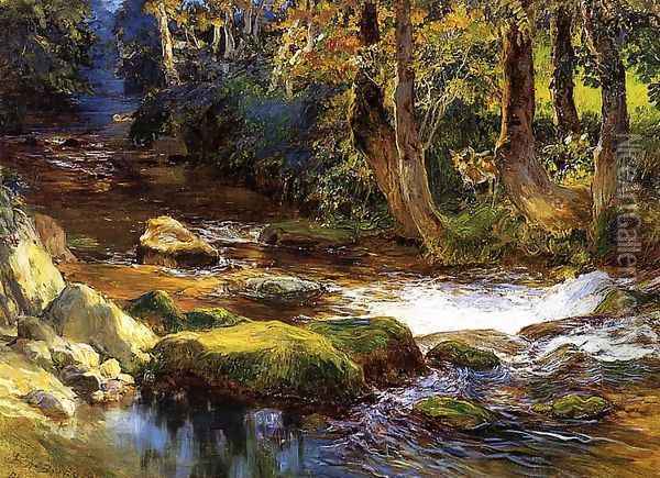 River Landscape With Deer Oil Painting - Frederick Arthur Bridgman
