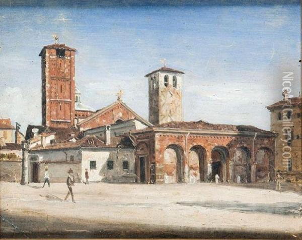 La Basilica Di Sant'ambrogio A Milano Oil Painting - Luigi Bisi