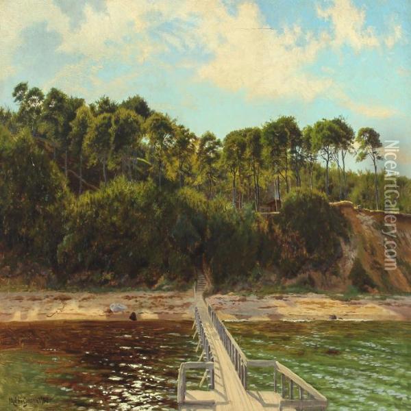 Coastal Scenery From Moesgard With Bathing Jetty Oil Painting - Carl Milton Jensen