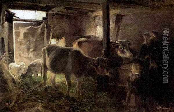 Stallinterieur Mit Kuhen Und Ziegen Oil Painting - Gregor von Bochmann the Elder