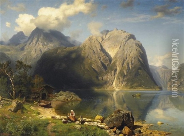 Blick Auf Den Konigssee, Figurenstaffage Oil Painting - August Wilhelm Leu
