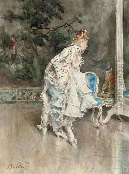 Signora in abito impero che si specchia (Lady in a mirror) Oil Painting - Giovanni Boldini