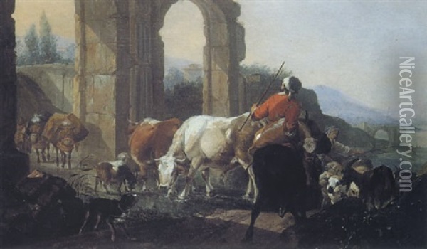 Le Retour Du Troupeau A L'etable Oil Painting - Johann Heinrich Roos