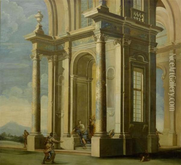Large Architectural Vista With Figures Oil Painting - Pietro Paltronieri Il Mirandolese
