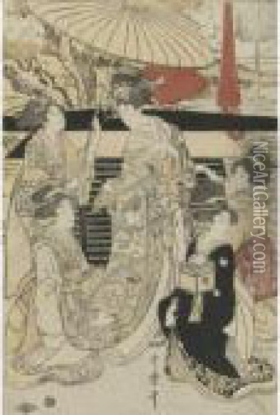 Oban Tate-e: Hime Dochu Kago Mae No Zu Oil Painting - Kitagawa Utamaro