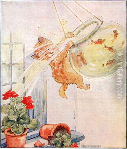 Poor naughty Cuddly Kitty jumps..., illustration from Cuddly Kitty and Busy Bunny, by Clara G. Denis, published by Thomas Nelson and Sons, Ltd., 192 Oil Painting - Alan Wright