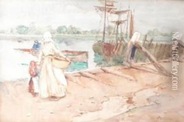 Figures By The Quay. Oil Painting - Lance Thackeray